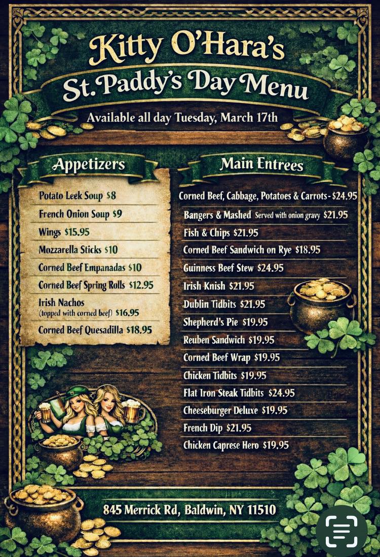 St Paddys Menu